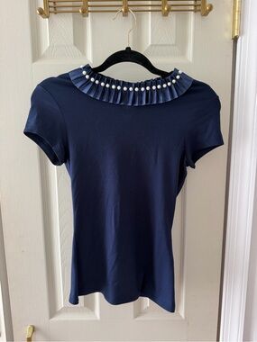 Ted Baker Navy Short Sleeve Top with Pleated Pearl-Trim Collar